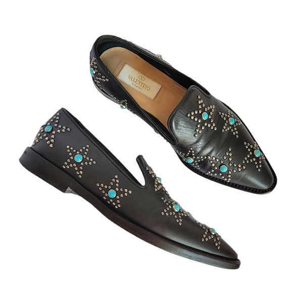 Valentino Studded Star Loafers Black Leather Shoes 35 - Picture 1 of 13